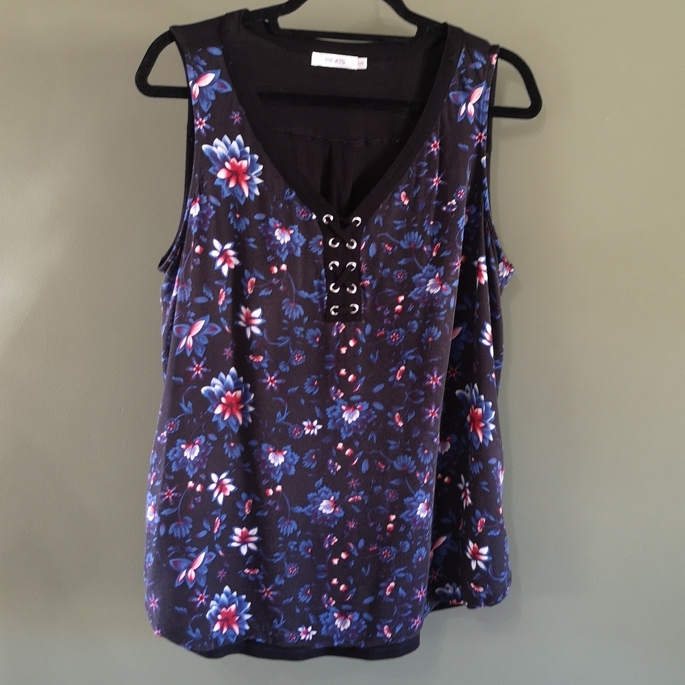 Mixed Media Sleeveless Top Lace Detail Ricki's Sz L Black Red Blue